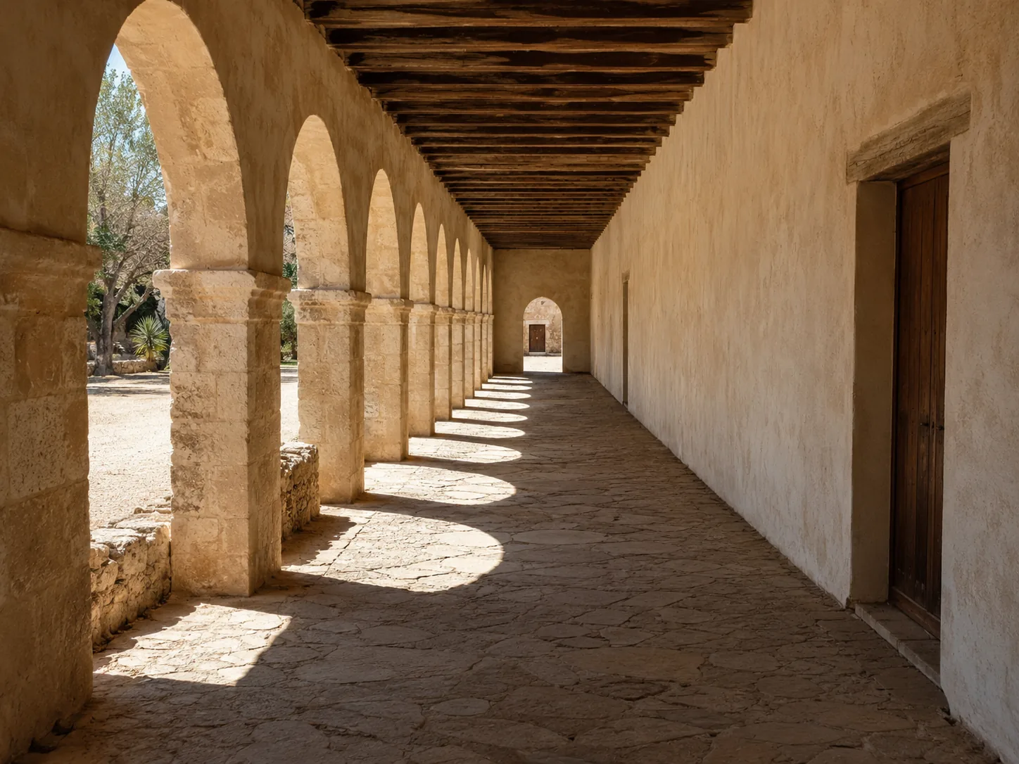 A limestone arcade of round arches on a convento range, mortar joints wide and weathered, the roofline broken above them