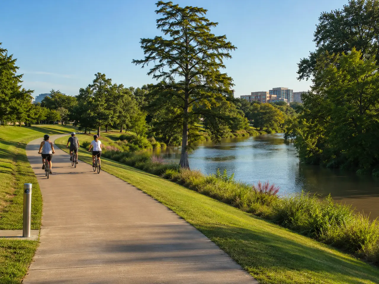 The paved river trail: flat, open, running away through low scrub with nothing over it