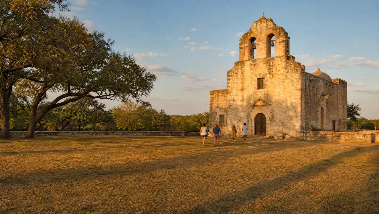 Weathered limestone walls and a bell gable against a hard Texas sky, with dry grass in front of them